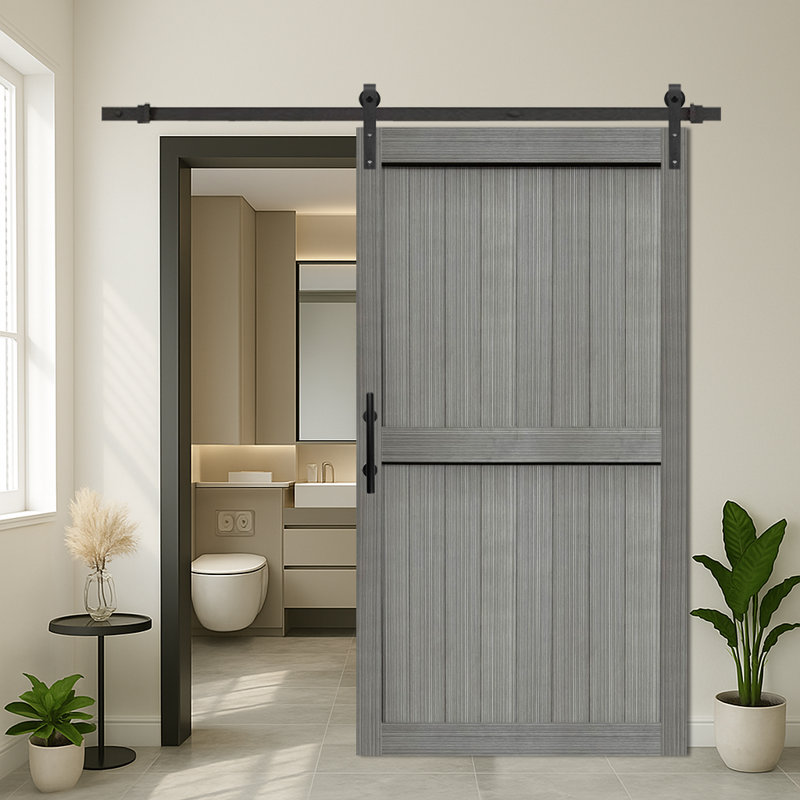 Ensemble de quincaillerie de porte de grange en panneau de fibres à densité moyenne avec porte coulissante recouverte d'une surface en PVC imperméable