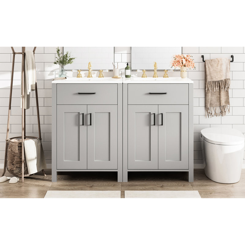 Meuble-lavabo moderne de 48 po avec lavabo en céramique, charnières à fermeture en douceur et tablette double réglable avec double lavabo, tablettes de porte à double couche, tiroir rabattable