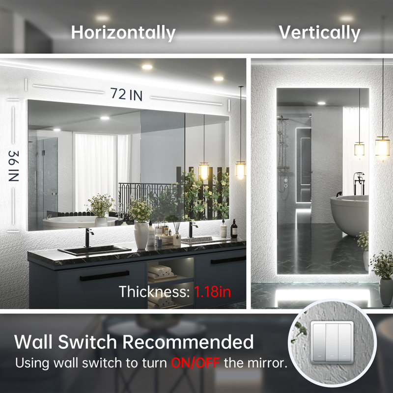 Adorna Dimmable Backlit LED Vanity Mirror with Anti-Fog, 36" x 72"