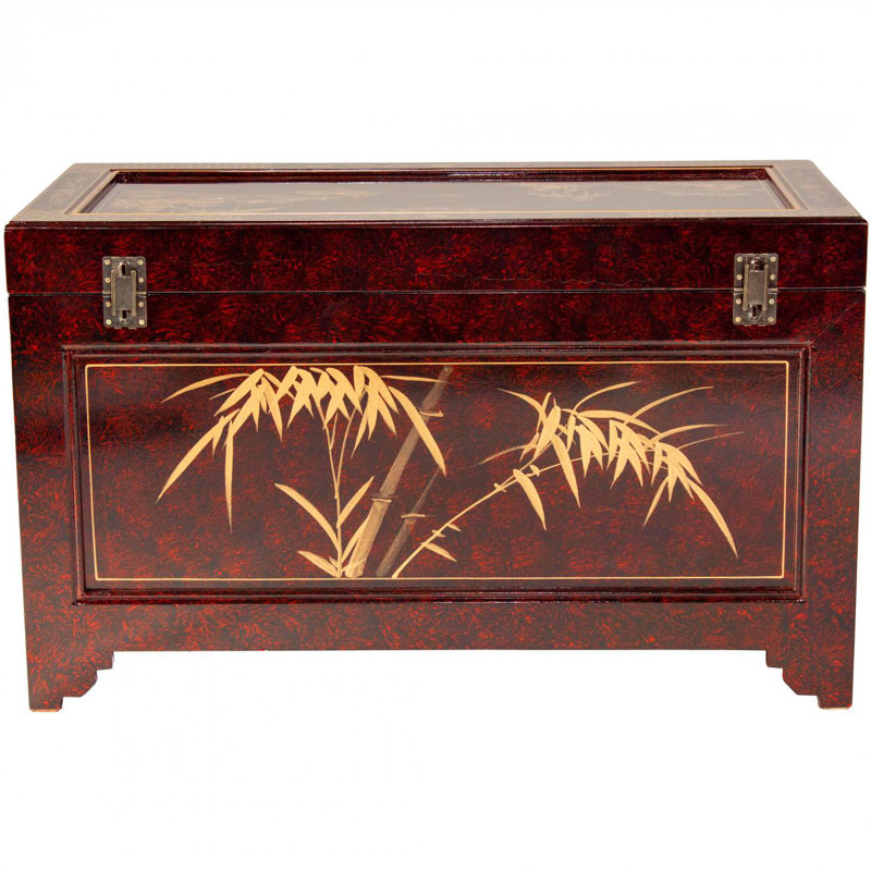 Hand-Crafted Red Lacquer Storage Trunk with Gold Landscape Design