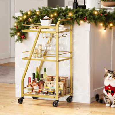 Small Bar Cart on Wheels, Home Bar Serving Cart with Glass Holder