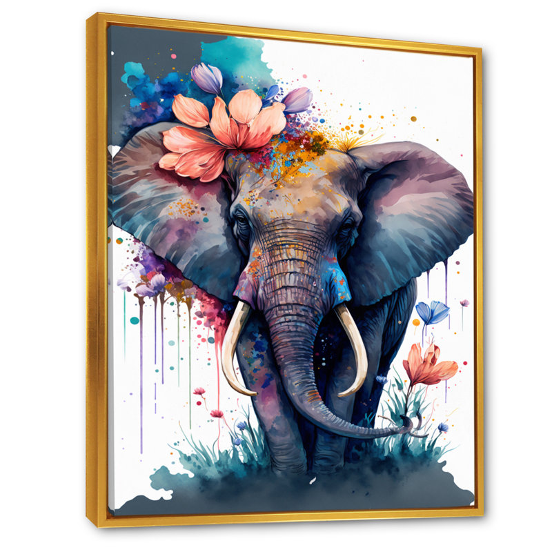 «Cute Elefant Floral I», impression sur toile, Toile avec cadre flottant or, H 40 po x l 30 po x P 1,5 po