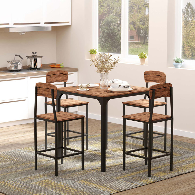 Ensemble de table de bar à hauteur de comptoir pour 4, ensemble de table de cuisine carrée et chaises avec repose-pieds, pieds en métal, ensemble de table de salle à manger pour 4