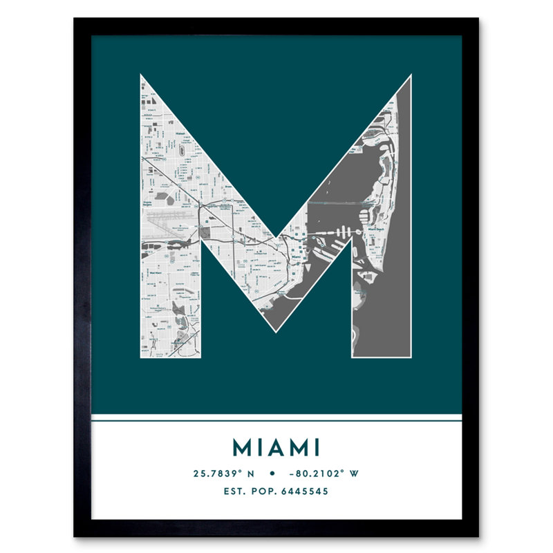 Miami Florida United States City Map 1 Piece Single Picture Frame Wall Art