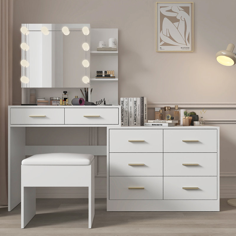 Coiffeuse de maquillage avec lumières, station de charge et miroir, Doré, Blanc