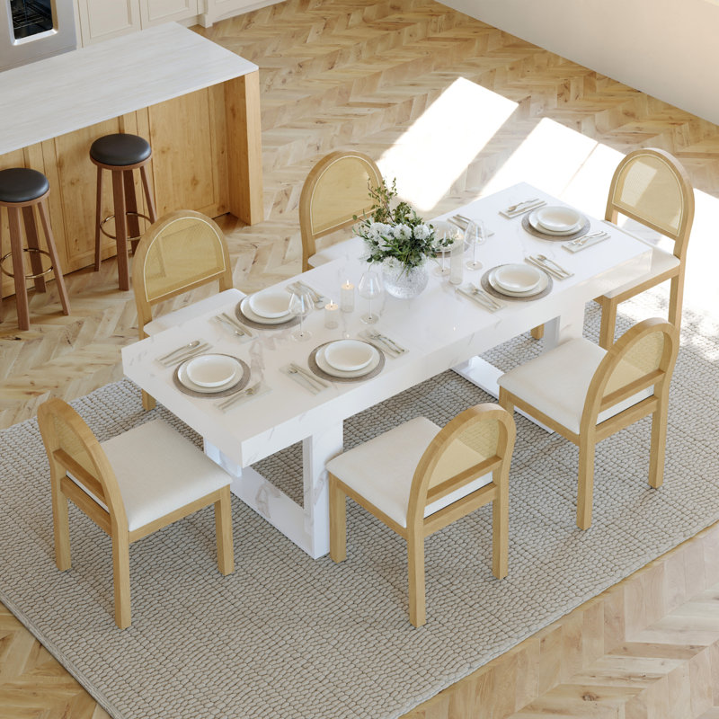 6 - Person Dining Table Sets With Extendable Table & 6 Upholstered Fabric Chairs, White, White