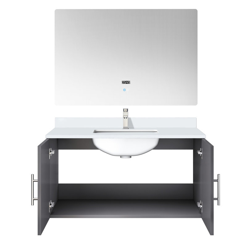 Meuble-lavabo gris foncé 36 po, surface en quartz blanc, robinet, po Miroir à DEL - Teinture - Finition de la surface de la baignoire avec dessus