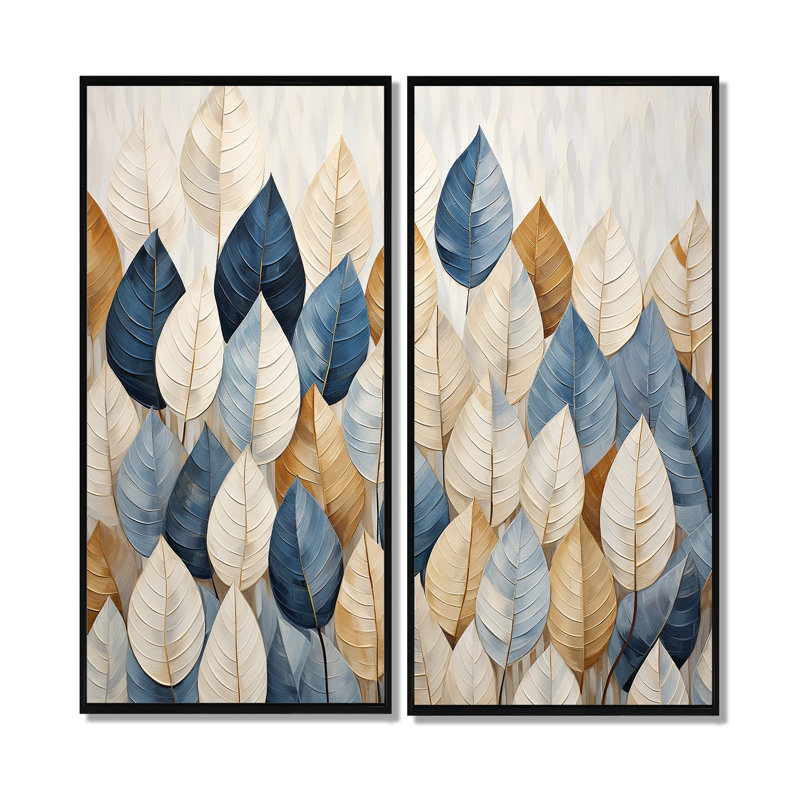 Décoration murale beige et bleu minimalisme feuilles I - grandes feuilles, H 32 po x l 32 po, Noir