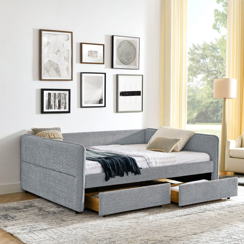 Lit de jour avec couchette rembourrée et capitonnée, avec deux tiroirs, grand lit, tissu Boucle (88 po x 65,5 po x 29,5 po)