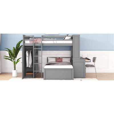 Lit mezzanine double avec lit simple, tablettes, bureau gris, garde-robe pour économiser de l'espace dans votre bureau et votre garde-robe. Maximiser l'utilisation. Fabrication solide. L 94,8 po x l 78,7 po x H 65 po. Sans sommier