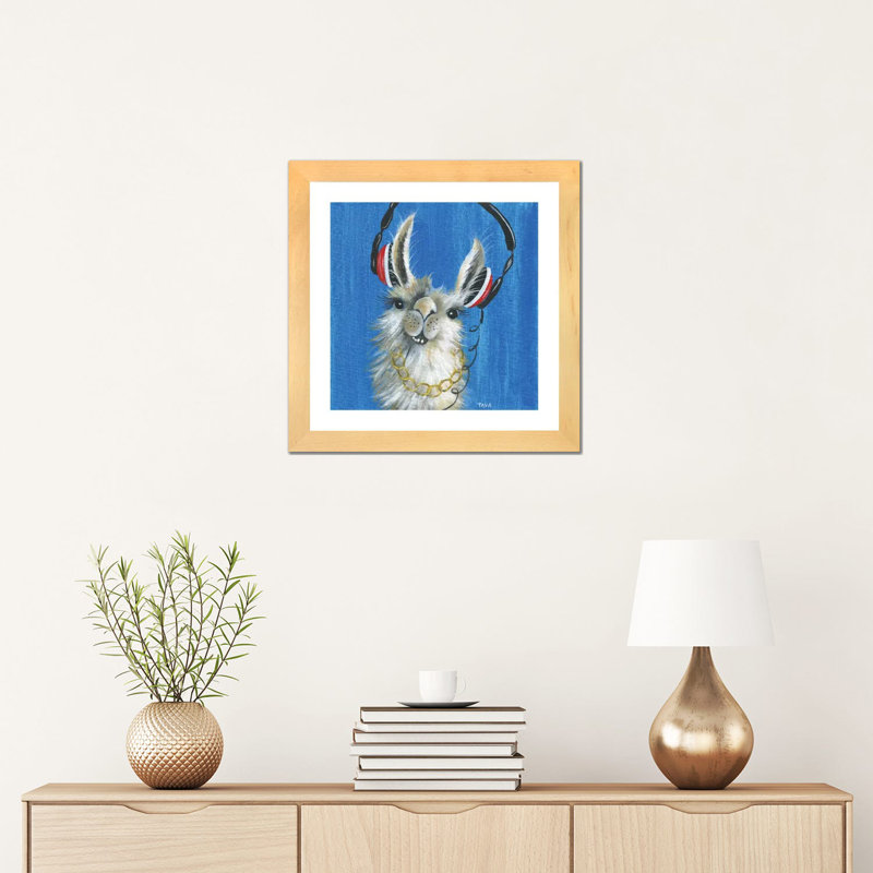 Llama Jammin '- reproduction d'art, Toile avec cadre en bois beige, H 16 po x l 16 po x P 1 po, Blanc