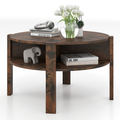 Round Coffee Table with 4 Side Compartments 2-Tier Circle Coffee Table