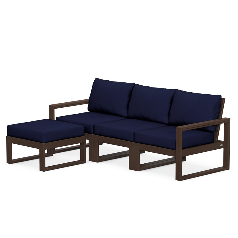 POLYWOOD EDGE Modular Deep Seating Set with Ottoman, Mahogany, Navy