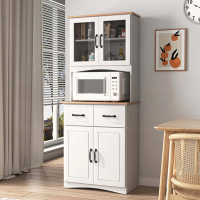 Wooden Kitchen Hutch Cabinet with Framed Glass Doors and Adjustable Shelving