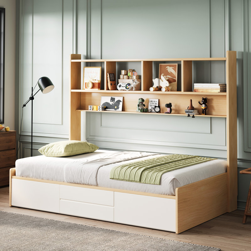 Andriena Full-size multifunctional bed with four storage drawers and  bookshelf, suitable for one person, in natural color