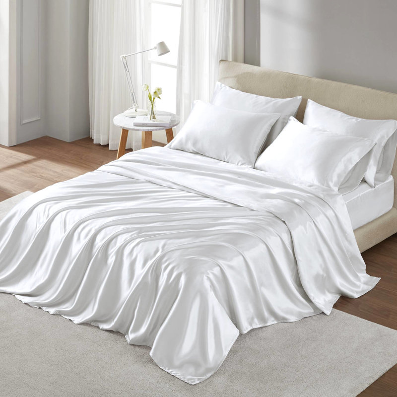 Drap-housse pour lit simple en satin de coton blanc 4 pièces - froissé, doux pour la peau et les cheveux