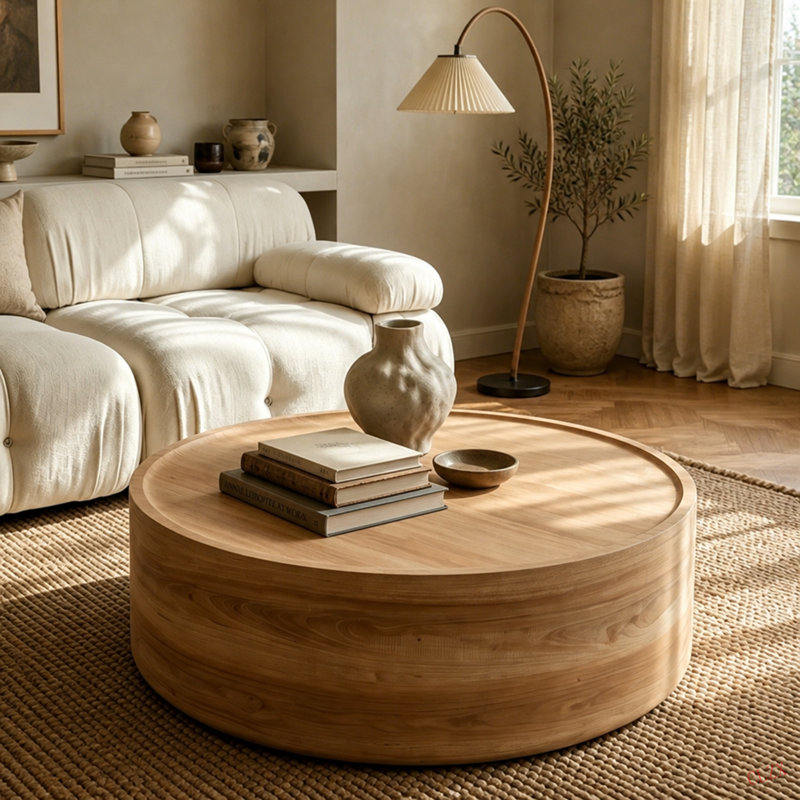 Table basse ronde de 39,37 po avec grain pour le salon, table basse ronde moderne pour le salon, sans assemblage