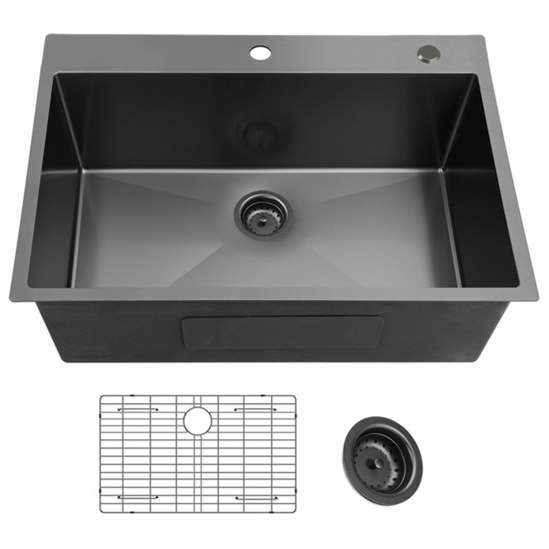 Évier de cuisine à simple cuve 30 de calibre 18 noir en acier inoxydable 30