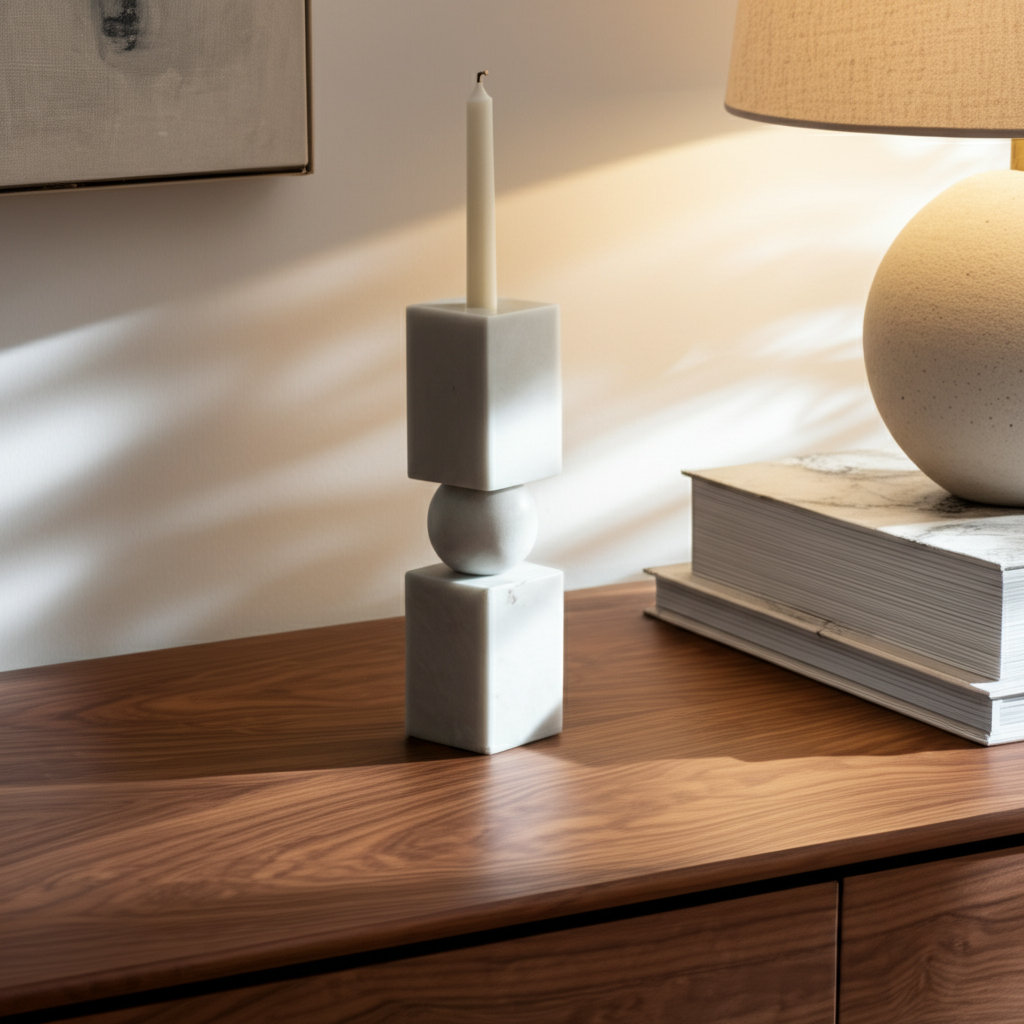 Genuine Marble Candlestick Holder, White, 12" H x 3" W x 3" D