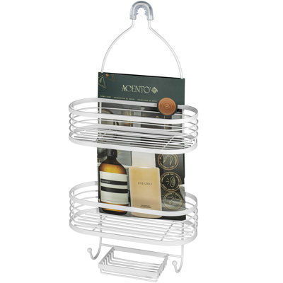 Large 3-Tier with Banded Accents Steel Non-Slip & Suction Modern Hanging Shower Caddy in Matte White