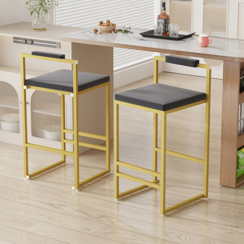 Ensemble de 2 tabourets de bar avec dossier et repose-pieds en velours à hauteur de comptoir pour îlot de cuisine, Or, Gris