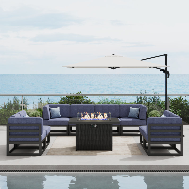  9 Pieces Modern Aluminum Patio Furniture Set With Fire Table, Outdoor Modular Sectional Conversation Set L-shaped Sofa For Backyard