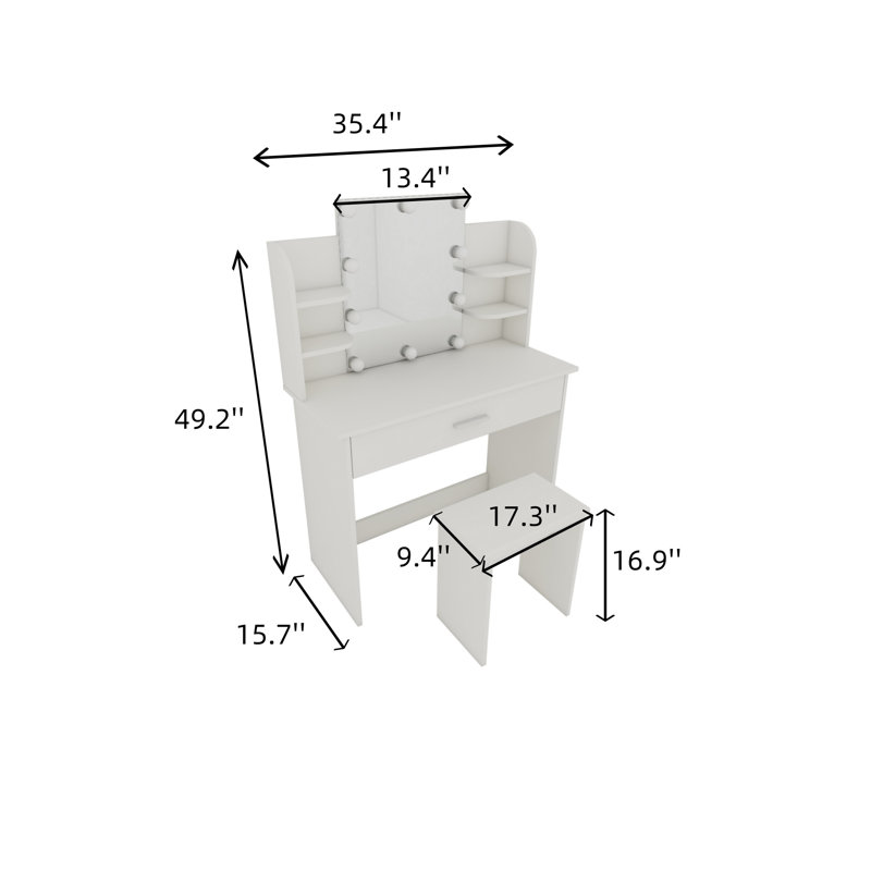 Vanity With Storage Drawers, Matching Stool With Mirror