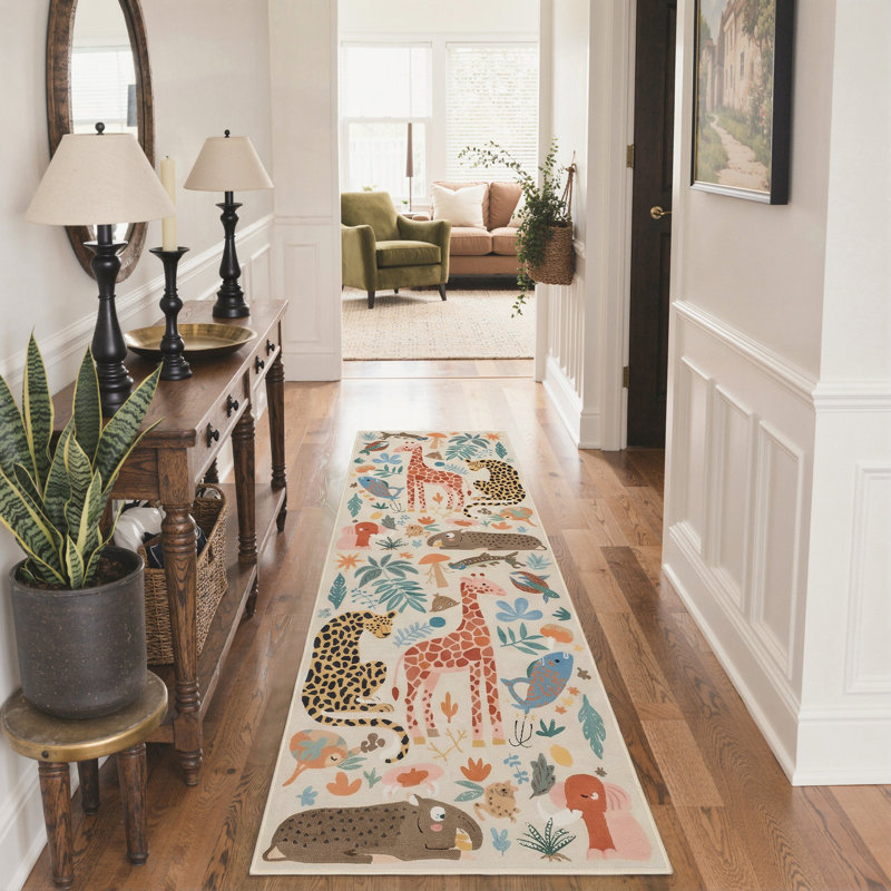 Aarna Safari Jungle Animals & Botanical Adventure Kids Area Rug, Machine Washable, Inspired Faux Wool - High-Rebound Foam & Non-Slip Backing