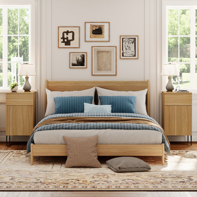 Ensemble de chambre à coucher WAMPAT 5 pièces avec 3 armoires de rangement et 2 tables de chevet avec chargeur, suite de chambre à coucher en bois cannelé avec tiroirs et portes, ensemble de rangement moderne assorti pour la chambre à coucher