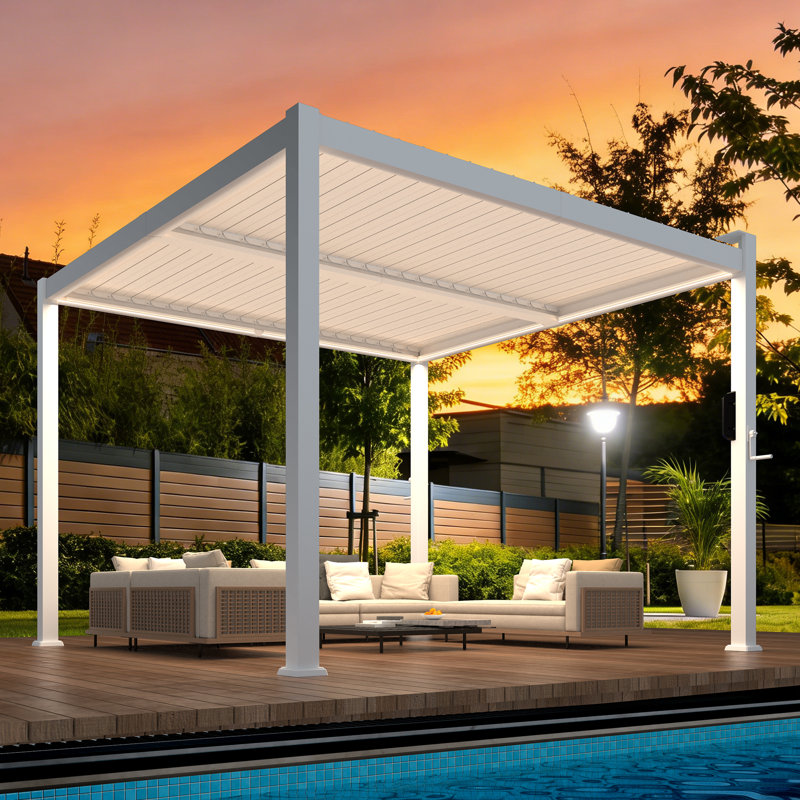 10' X 10' Outdoor Louvered Pergola With 3-Level LED Lights, Adjustable Aluminum Roof, Side Crank Control, Hardtop Gazebo For Patio, Deck, Backyard
