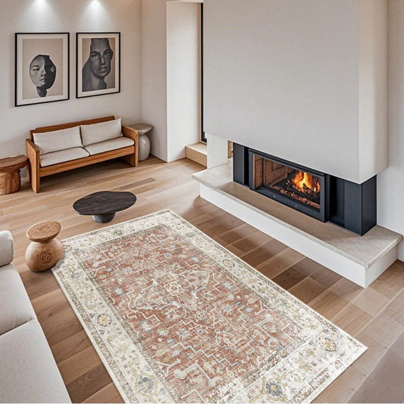 Bohemian Imitation Cashmere Area Rug, Vintage Floral Pattern Soft Fluffy Carpet for Living Room, Bedroom, Dining Room, Washable Durable Boho Home Decor