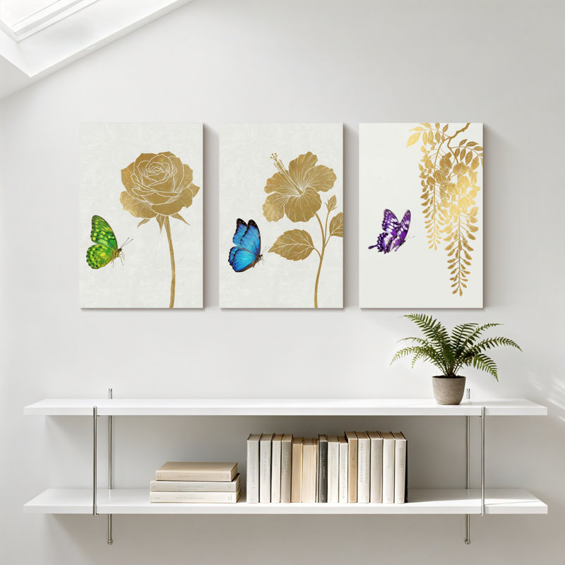 Plantes et fleurs, rose dorée avec fleur d'hibiscus papillon vert et vigne de glycine papillon bleu avec papillon mauve, ensemble de 3 impressions sur toile