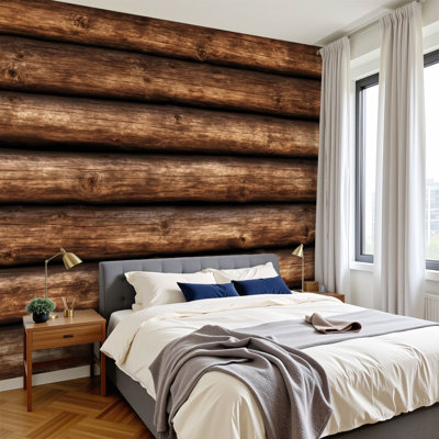Peel and Stick Wallpaper 144" W x 100" H Modern Self Adhesive Wall Mural for Bedroom Seamless natural wood log cabin wall texture Rustic old grunge brown