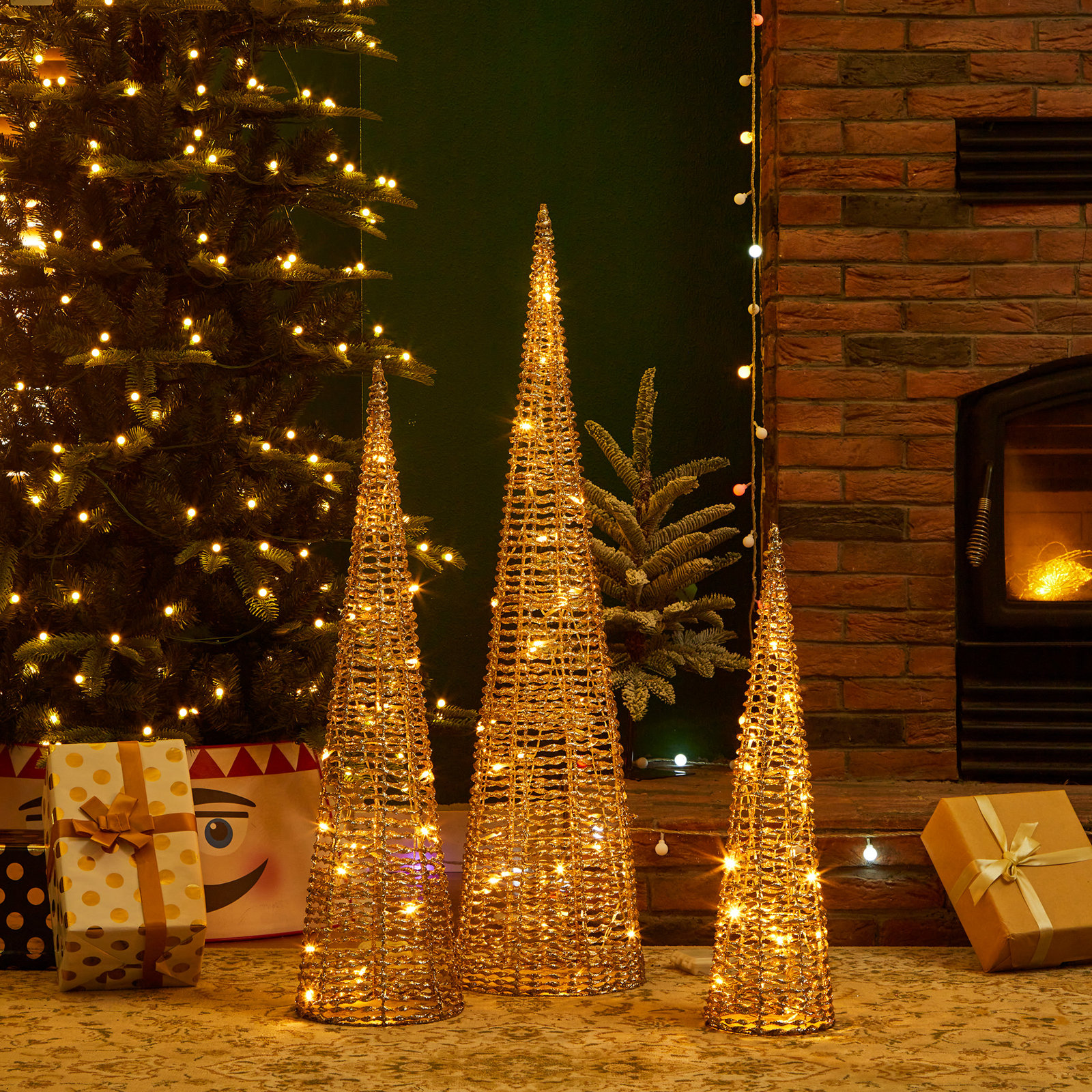 3-Piece Lighted Champagne Gold Cone Tree Set