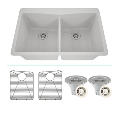 Évier de cuisine à double cuve encastrée en composite à quartz encastré à cuve de 50 po avec drain arrière de style Lexique Platinum de 33 po avec accessoires: 2 grilles en acier inoxydable, 1 crépine à drain et bride