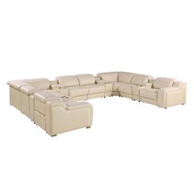 Beige Italian Leather Power Reclining U Shaped Twelve Piece Corner Sectional With Console