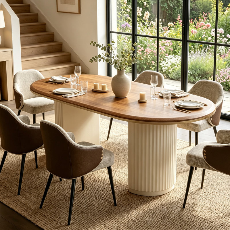 71" Mid-Century Oval Dining Table for 6, Modern Brown Wood Ktichen Table with Roman Column Legs