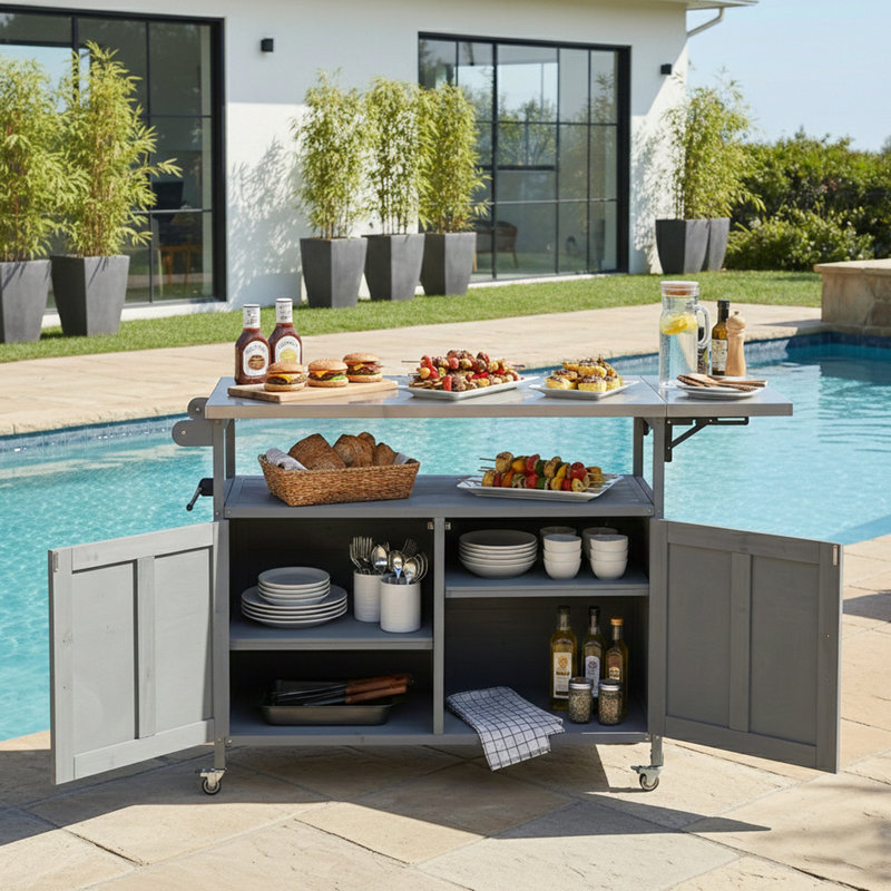 Îlot de cuisine extérieur pliable avec roues verrouillables et porte-serviettes, Gris