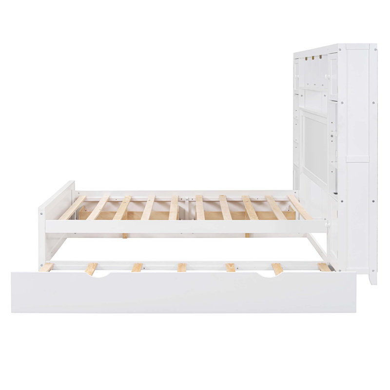 Lit double en bois avec armoire tout-en-un, tablette et prises, lit gigogne simple, Blanc