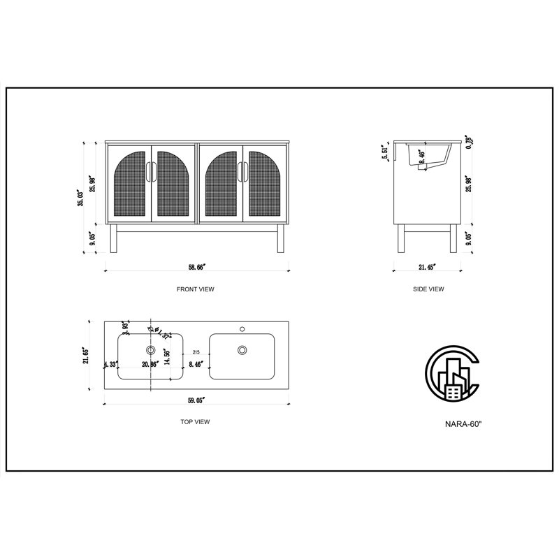 Nara 60" W Double Vanity, Yellow