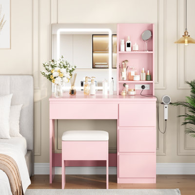 Makeup Vanity Desk, Lighted Mirror, 4 Drawers, Power Outlet, Stool, Shelves, Bedroom, Pink