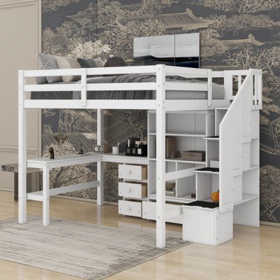 Lit mezzanine double avec bureau en L, armoire, tiroirs et escalier de rangement