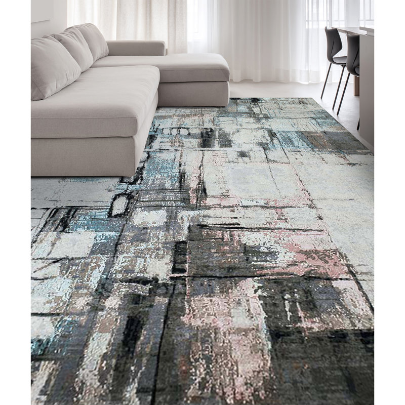 Hand Woven Silk and Wool Abstract Area Rug, Rectangle 10' x 14'