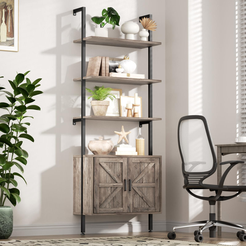 6 Tier Ladder Bookshelf With Cabinet, Gray
