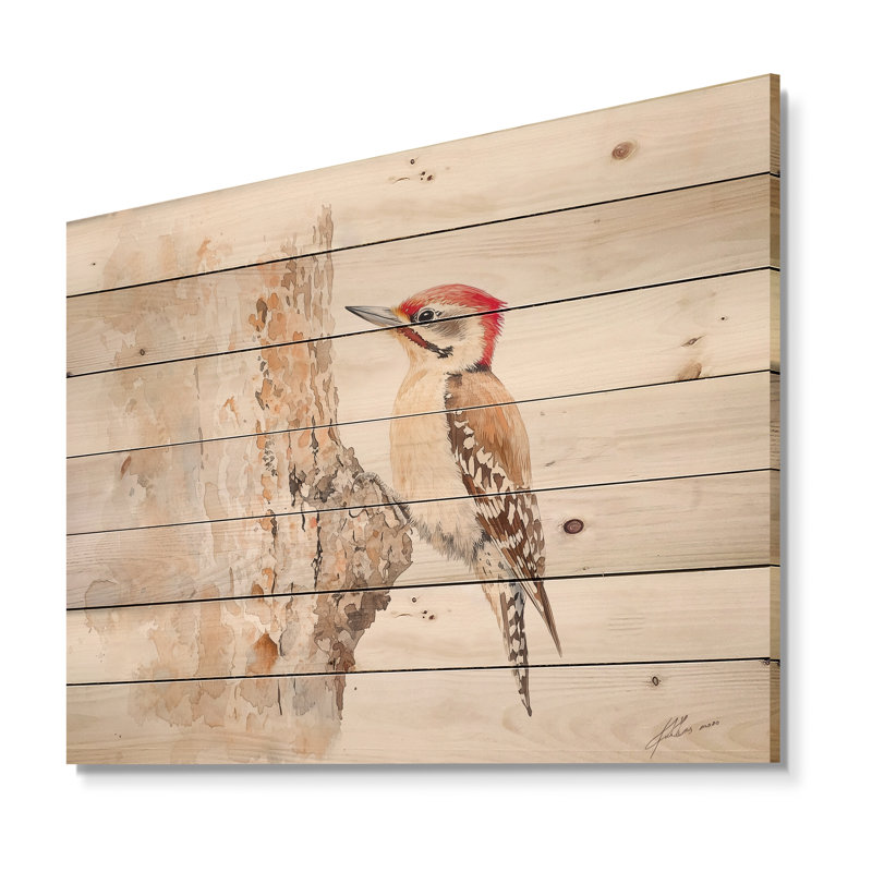 Pic sur arbre II - Décoration murale en bois d'oiseau sur bois de pin naturel, H 34 po x l 44 po