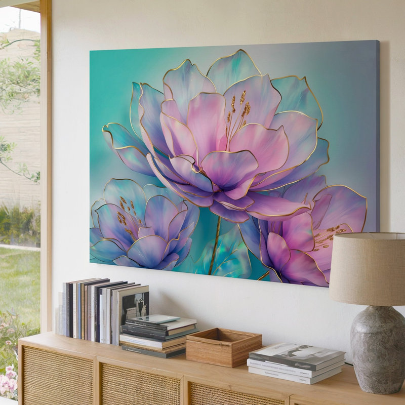 Toile, vue rapprochée révélant des fleurs translucides délicates dans un art mural doux aux tons pastel de rose et de lavande
