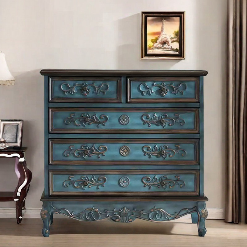 Commode d'appoint 5 tiroirs Vintage, Bleu rétro