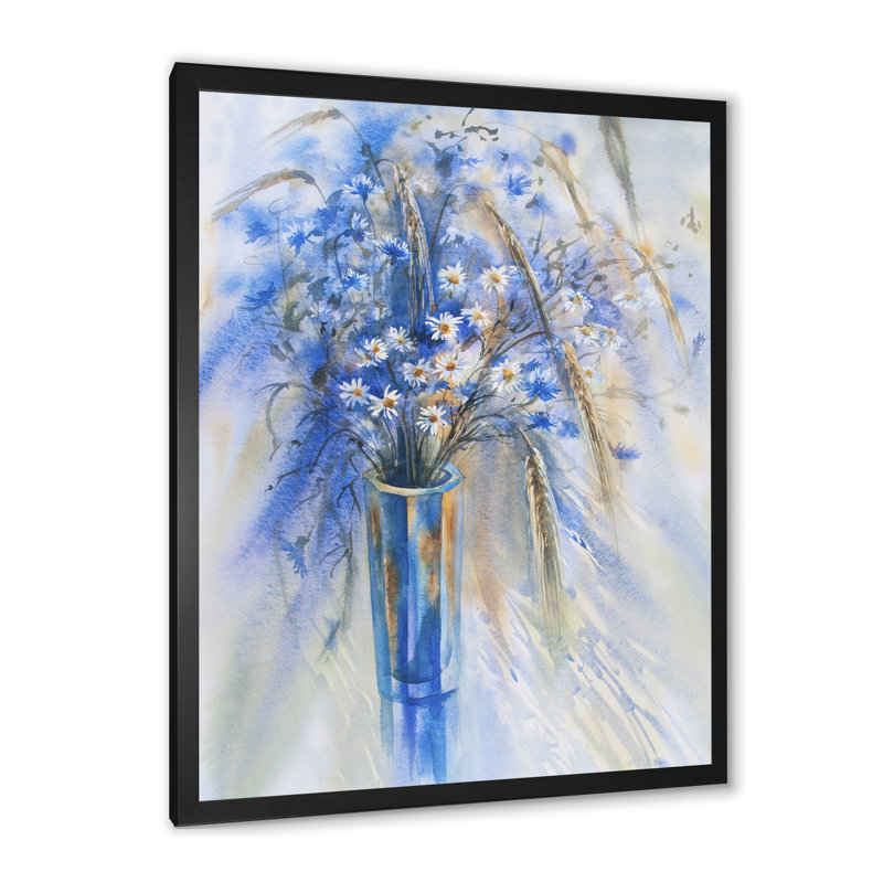 Bleu bleuet et camomille - peinture sur toile, H 36 po x l 24 po, Cadre photo noir