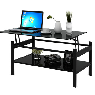 Modern Living Room Coffee Table, Black Tempered Glass With Lift Function, Has Sufficient Storage And Metal Tube Top Style For Room, Provides Plentiful Robust Support