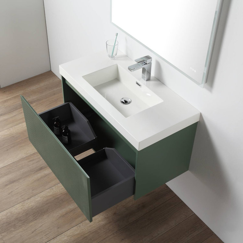 Meuble-lavabo mural 36 po avec lavabo en acrylique et armoire latérale Hisaw - devant cannelé, tiroirs à fermeture en douceur Hisaw